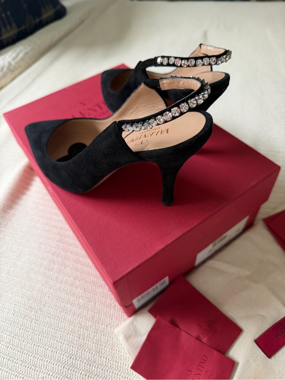 Valentino Black Suede Crystal-Trim Slingback Pumps